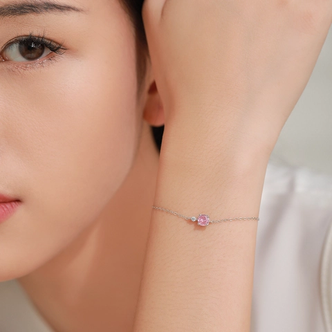 Bracciale in Argento Sterling 925 con Zirconia Rosa Donna Minimalista Dolce Geometrico Tondo Catena Sottile Gioielli