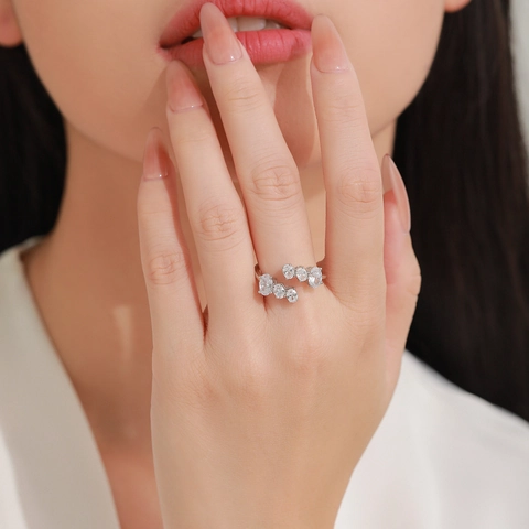 Luxury 925 Sterling Silver Oval Zirconia Open Ring For Women Refined Adjustable Inlaid Geometric Finger Ring Jewelry Gift