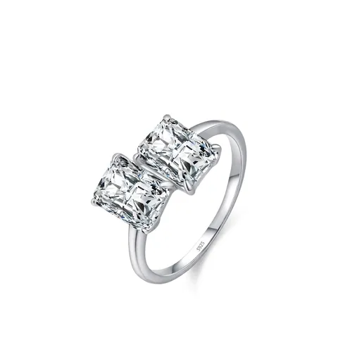 Luxury 925 Sterling Silver Ring Double Rectangular Zirconia Toi Et Moi Ring Emerald Cut Geometric Ring For Women Jewelry