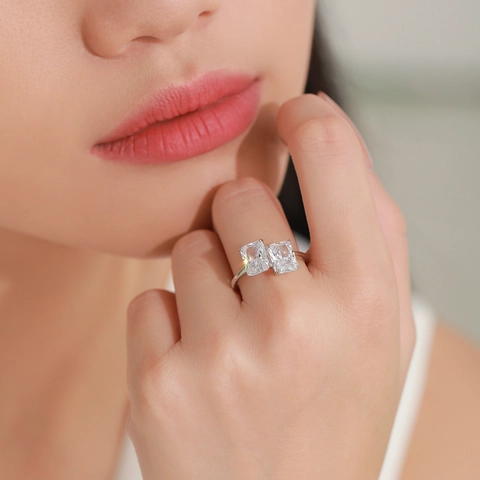 Luxury 925 Sterling Silver Ring Double Rectangular Zirconia Toi Et Moi Ring Emerald Cut Geometric Ring For Women Jewelry