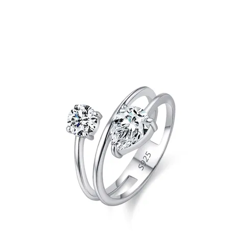 S925 Sterlingsilber Doppelschicht Offener Ring Geometrisch Hohl Zirkonia Rund Birnenschliff Verstellbarer Damen Ring