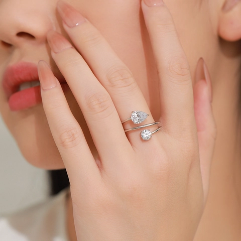 S925 Sterlingsilber Doppelschicht Offener Ring Geometrisch Hohl Zirkonia Rund Birnenschliff Verstellbarer Damen Ring