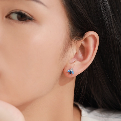 Pendientes de Botón de Abeja de Plata de Ley 925 Degradado Azul Real Exquisitos Joyas de Oreja de Animal Circonia para Mujeres