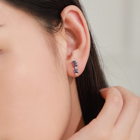 S925 Sterling Silver Blue Marquise Zirconia Curved Stud Earrings Fashion Minimalist Geometric Arc Ear Jewelry For Women