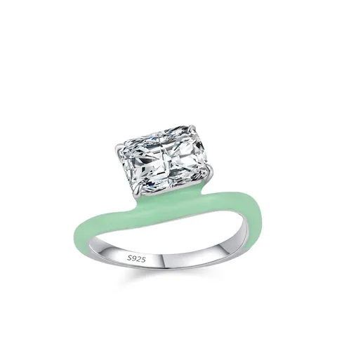 Lussuoso Anello in Argento Sterling 925 con Zirconia Rettangolare Smalto Verde Menta Gioielli Geometrici da Dita alla Moda Donna
