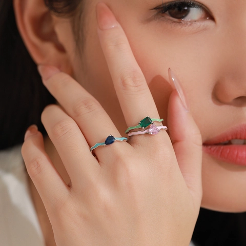 Anello in Smalto Ondulato in Argento Sterling 925 Con Zirconia Colorata Cuore Pera Rettangolo Gioielli Geometrici per Donna