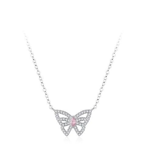 Collar con Colgante de Mariposa de Plata de Ley 925 para Mujer con Incrustaciones de Circonia Rosa Cadena de Clavícula Joyería de Regalo