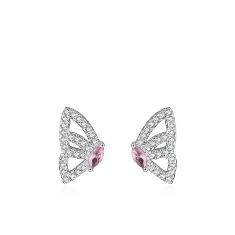 Orecchini a Bottone Ala di Farfalla in Argento Sterling 925 Zirconia Marquise Rosa Intarsiati Gioielli Donna Minimalisti