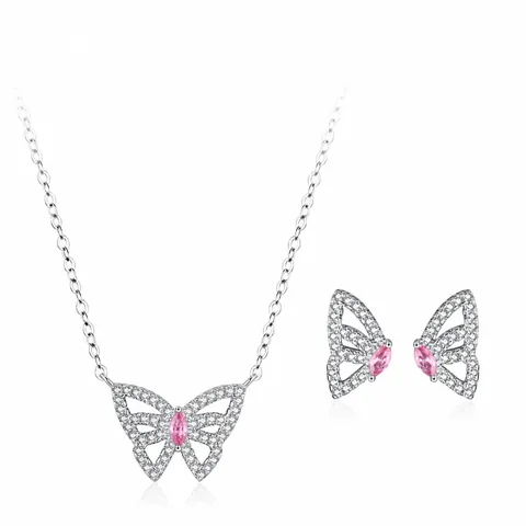 925 Sterling Zilver Vlinder Sieradenset Met Roze Zirconia Hanger Ketting Oorbellen Voor Dames Mode Sieraden Cadeau