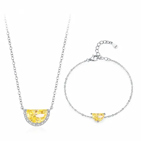 925 Sterling Silver Jewelry Set Women Half-moon Yellow Zirconia Pendant Necklace Matching Bracelet Luxury Fashion Jewelry