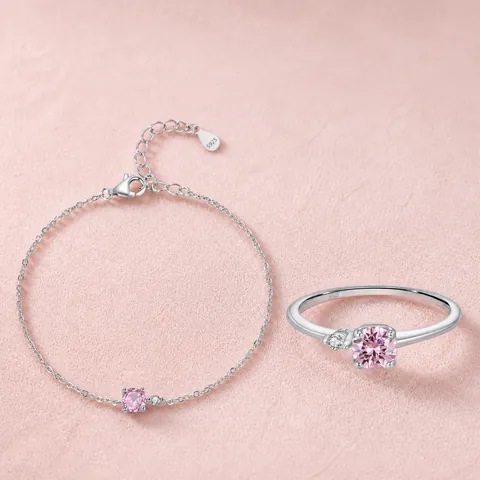925 Sterlingsilber Rosa Zirkonia Schmuckset Für Damen Süßes Minimalistisches Armband Und Ring Edelschmuck Geschenk