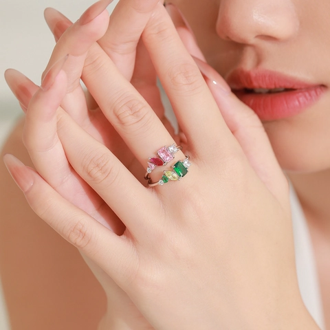 925 Sterling Silver Geometric Ring For Women Niche Design Fashion Zirconia Inlaid Contrast Yellow Green Stone Statement Jewelry