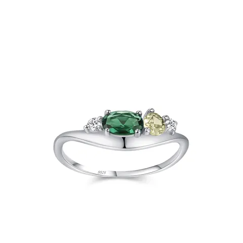 Anillo de Plata de Ley 925 Circonia Verde Esmeralda Mujer Geométrico Onda Oval Inlaid Piedra Amarilla Blanca Joyería de Moda