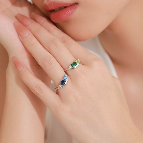 Anillo de Plata de Ley 925 Circonia Verde Esmeralda Mujer Geométrico Onda Oval Inlaid Piedra Amarilla Blanca Joyería de Moda
