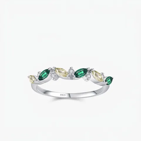 Anello Foglia in Argento Sterling 925 Con Zirconia Verde Marquise per Donna Quotidiano Intarsiato Ramo di Cristallo