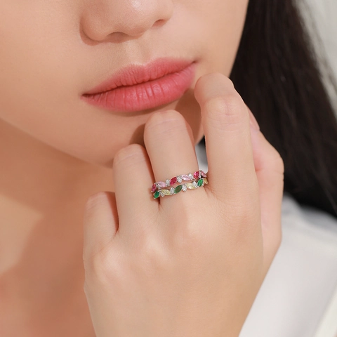 Anello Foglia in Argento Sterling 925 Con Zirconia Verde Marquise per Donna Quotidiano Intarsiato Ramo di Cristallo