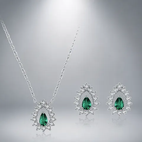 Colección de Circonia Verde Esmeralda en Gota de Agua Collar con Colgante de Plata de Ley 925 Pendientes de Botón Joyas para Mujer