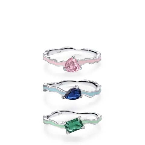 Anello in Smalto Ondulato in Argento Sterling 925 Con Zirconia Colorata Cuore Pera Rettangolo Gioielli Geometrici per Donna