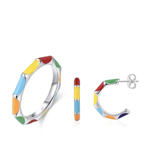 925 Sterling Silver Colorful Retro Enamel Earring Ring Set Rainbow Multicolor Dopamine Jewelry Set For Women Daily Party