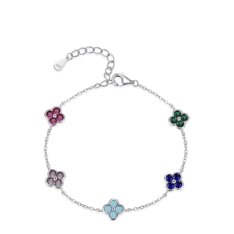 925 Sterlingsilber Mehrfarbiges Vierblättriges Kleeblatt Armband Für Damen Elegantes Buntes Zirkonia Eingelegtes Blumenarmband Schmuck