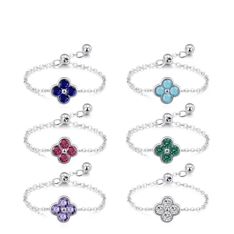 925 Sterlingsilber Bunter Kleeblatt Verstellbarer Kette Ring Für Damen Zirkonia Blume Eingelegt Zierlicher Minimalistischer Fingerring Schmuck Geschenk