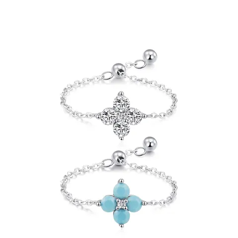 Anillo de Cadena Ajustable de Trébol de Plata de Ley 925 para Mujer Minimalista Colorido Circonia Flor de Cuatro Hojas Joyería Regalo
