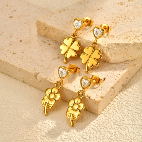 Edelstahl Herz Strass Blume Vierblättriges Kleeblatt Ohrhänger Für Damen Vergoldet Vintage Schmuck Ohrringe