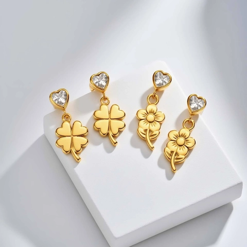 Edelstahl Herz Strass Blume Vierblättriges Kleeblatt Ohrhänger Für Damen Vergoldet Vintage Schmuck Ohrringe