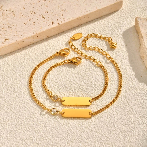 Fashion Stainless Steel Rectangular Bar Rhinestone Bracelet For Women Gold Plated Blank Engravable Plate Geometric Jewelry Gift