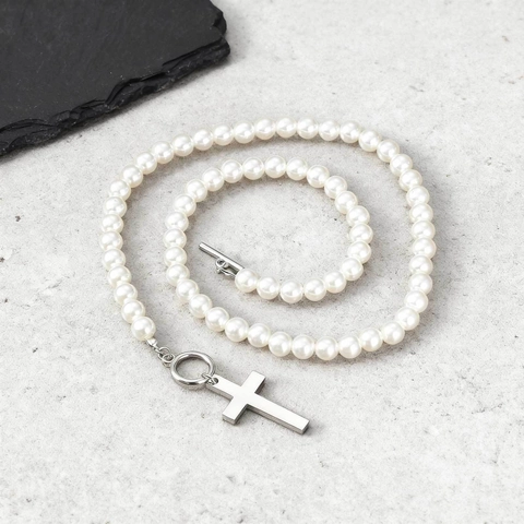 Collar con Colgante de Cruz de Acero Inoxidable para Mujeres Hombres Perla Artificial Blanca Joyería Punk con Cierre Hebilla OT