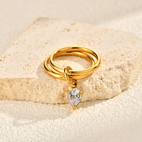 Minimalist Stainless Steel Double Layer Ring For Women Pear Shape Zirconia Pendant Gold Plated Geometric Fashion Jewelry Birthday Gift