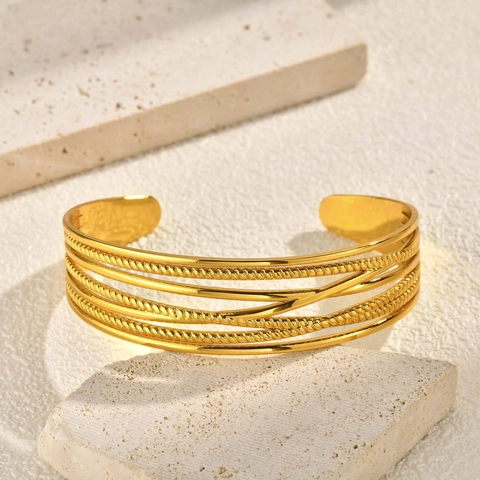 Bracciale Rigido Aperto Multistrato in Acciaio Inossidabile Minimalista da Donna di Lusso Intrecciato Geometrico Gioielli Oro