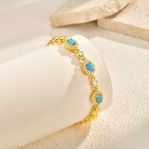 Retro Copper 24K Gold Plated Zirconia Blue Bead Bracelet Ins Style Light Luxury Fashion Jewelry For Women Dating Gift