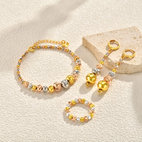 Nischen Dreifarbig Kupfer Perlen Schmuck Damen Ins Stil Facettierte Ring Armband Mit Herzanhänger Ohrringe
