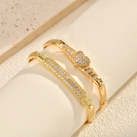 Fashion Copper Gold Plated Bracelet For Women Heart Bar Charm Rhinestone Inlaid Jewelry Elegant Adjustable Hand Chain