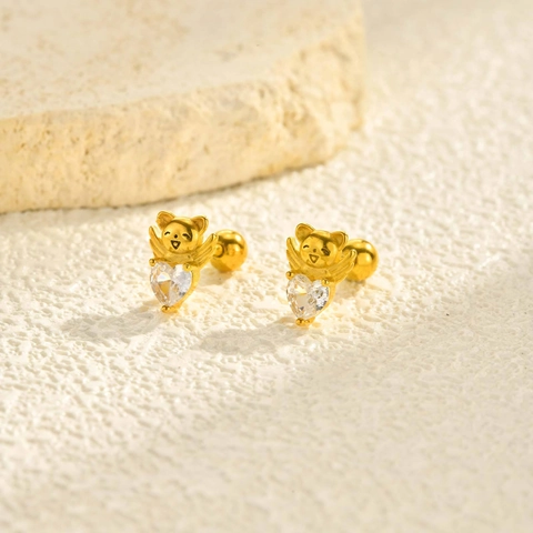 Stainless Steel Heart Bear Stud Earrings For Women Cute Gold Plated Rhinestone Animal Screw Back Stud Earrings Jewelry Gift