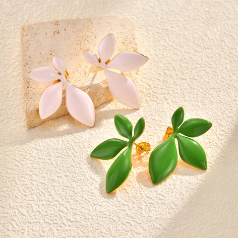 Minimalistische Edelstahl Blatt Ohrstecker Für Damen Emaille Tropföl Botanisches Drei Blatt Design Goldener Schmuck