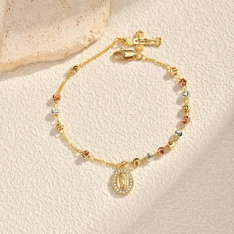 Religious Copper Tri-color Beads Bracelet For Women Vintage Gold Virgin Mary Medal Cross Pendant Rhinestone Inlaid Bracelet Jewelry