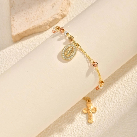 Religious Copper Tri-color Beads Bracelet For Women Vintage Gold Virgin Mary Medal Cross Pendant Rhinestone Inlaid Bracelet Jewelry