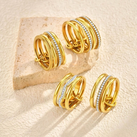 Minimalistischer Mehrschichtiger Ineinandergreifender Wellenring Aus Edelstahl Für Damen Gold Silber Strass Schmuck Fingerring