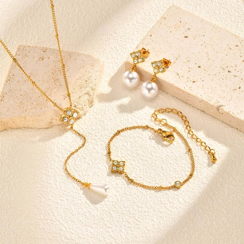 Edelstahl Künstliche Perle Klee Halskette Ohrringe Armband Gold Strass Schmuck Für Damen Hochzeit Schmuck Geschenk