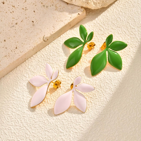 Minimalistische Edelstahl Blatt Ohrstecker Für Damen Emaille Tropföl Botanisches Drei Blatt Design Goldener Schmuck