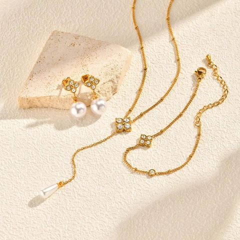 Edelstahl Künstliche Perle Klee Halskette Ohrringe Armband Gold Strass Schmuck Für Damen Hochzeit Schmuck Geschenk