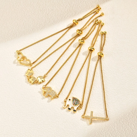 Fashion Copper Zirconia Elephant Heart Cross Adjustable Bolo Bracelet For Women Gold Plated Animal Charm Box Chain Jewelry