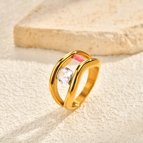 Light Luxury Stainless Steel Double Layer Wave Ring For Women Gold Plated Zirconia Inlaid Pink Rectangular Stone Fashion Jewelry