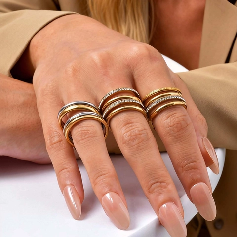 Stainless Steel Multi Layer Rhinestone Stackable Rings For Women Ins Style Gold Silver Plated Full Drill Geometric Finger Ring Jewelry