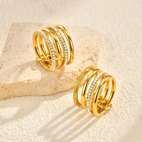Stainless Steel Multi Layer Rhinestone Stackable Rings For Women Ins Style Gold Silver Plated Full Drill Geometric Finger Ring Jewelry