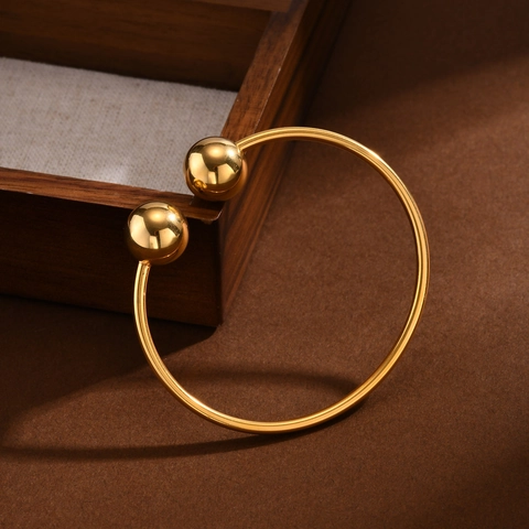 Minimalistischer Edelstahl Offener Armreif Für Damen Goldplattiert Doppelkugel Dekoratives Armband Einfacher Schmuck