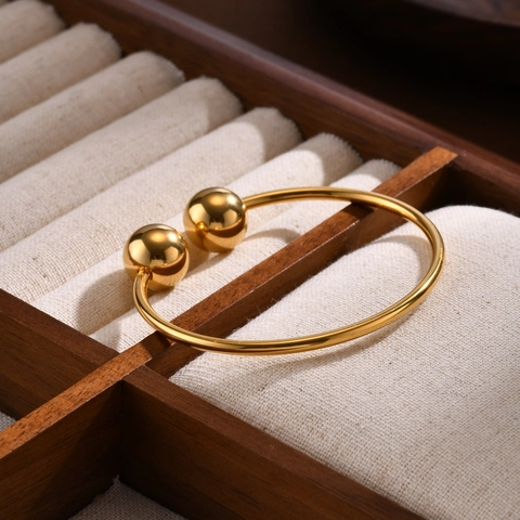 Minimalistischer Edelstahl Offener Armreif Für Damen Goldplattiert Doppelkugel Dekoratives Armband Einfacher Schmuck