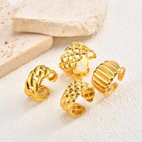Vintage Stainless Steel Quilted Open Ring For Women Adjustable Geometric Chunky Gold Plated Finger Ring Fashion Jewelry